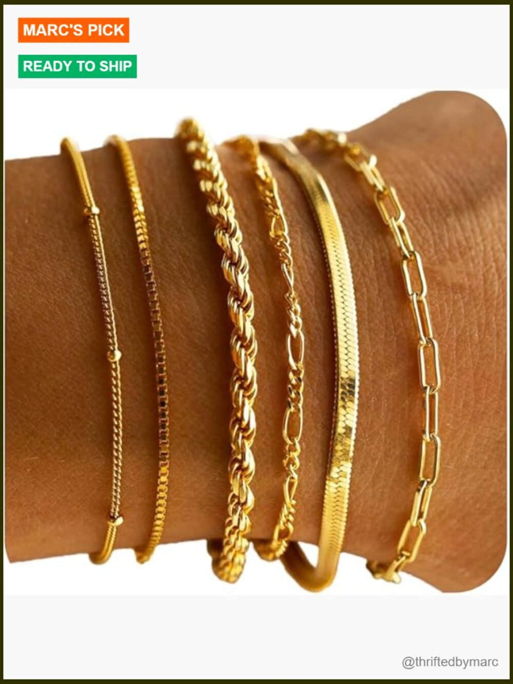 6-Piece Gold Bracelet Set Stackable Dainty Herringbone Cuban Paperclip Rope